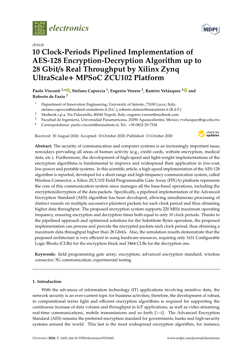 10 Clock-Periods Pipelined Implementation of AES-128 Encryption-Decryption Algorithm up to 28 Gbit/S Real Throughput by Xilinx Zynq Ultrascale+ Mpsoc ZCU102 Platform