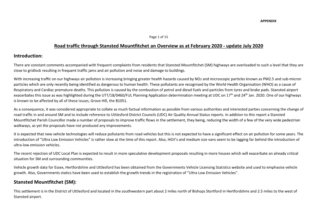 Road Traffic Through Stansted Mountfitchet an Overview As at February 2020 - Update July 2020 Introduction