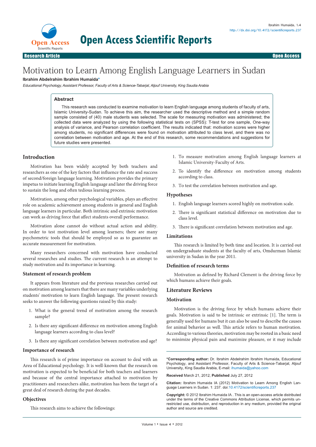 Motivation to Learn Among English Language Learners in Sudan