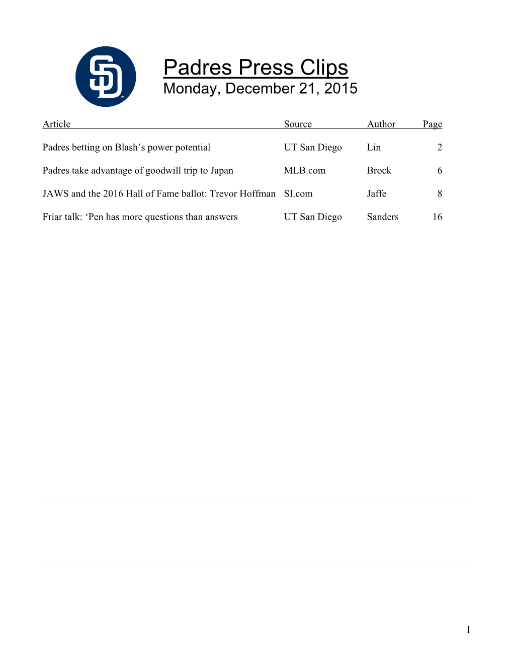 Padres Press Clips Monday, December 21, 2015