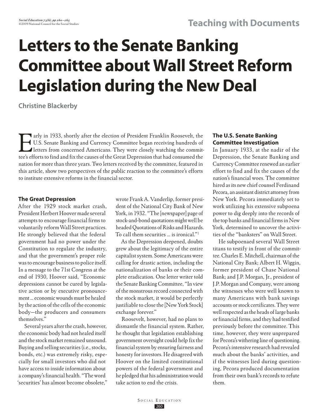 Letters to the Senate Banking Committee About Wall Street Reform Legislation During the New Deal