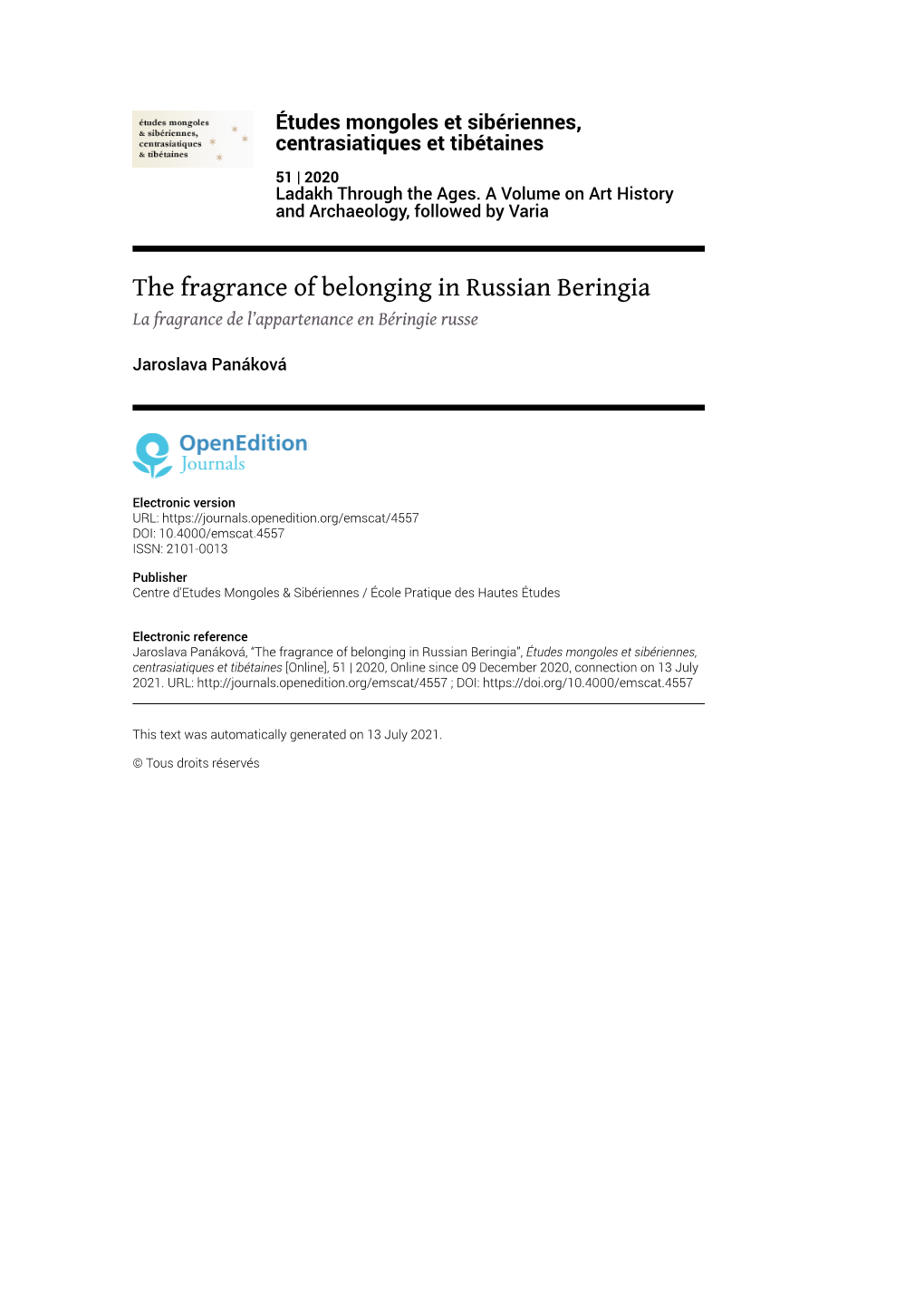 Études Mongoles Et Sibériennes, Centrasiatiques Et Tibétaines, 51 | 2020 the Fragrance of Belonging in Russian Beringia 2