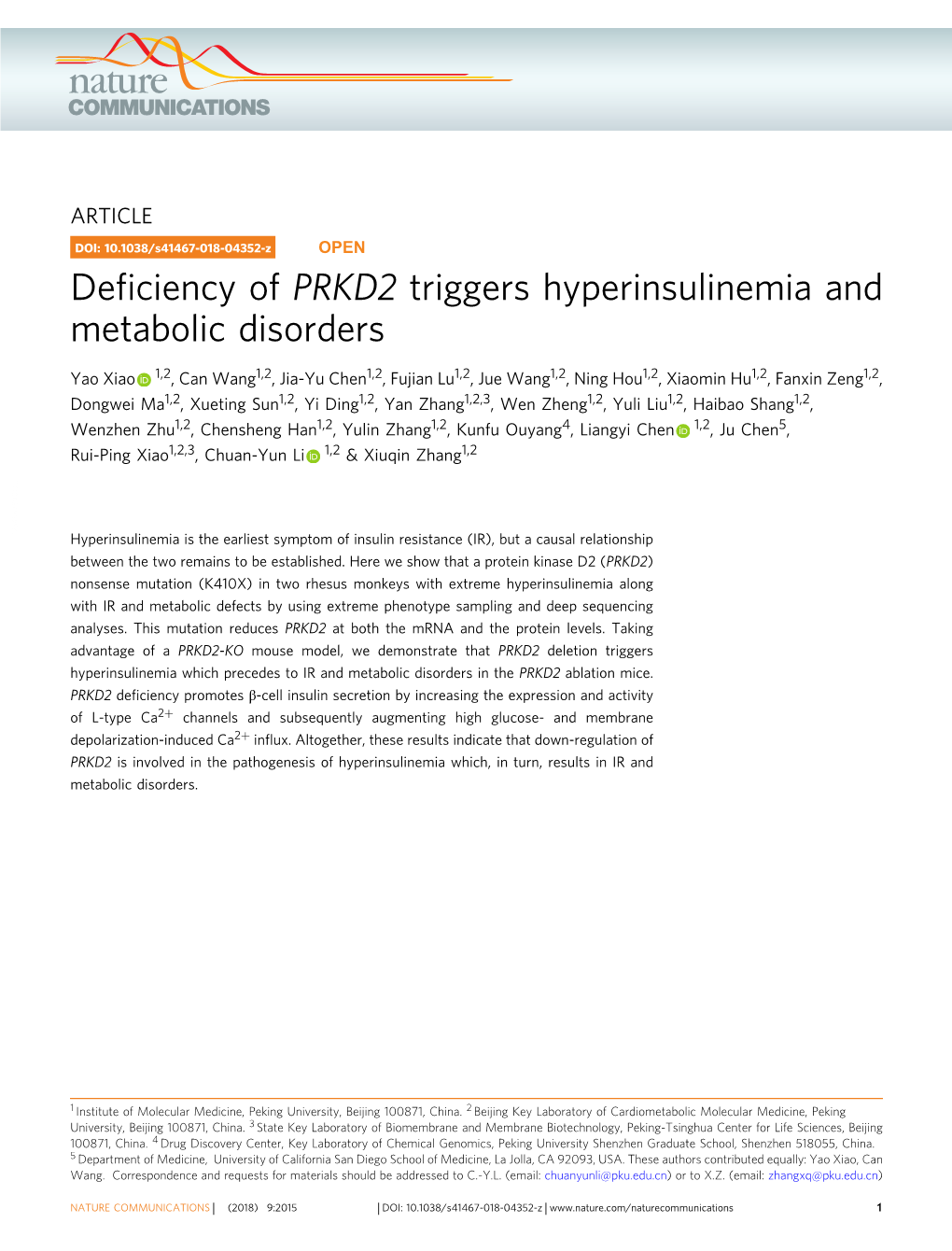 Deficiency of PRKD2 Triggers Hyperinsulinemia and Metabolic Disorders