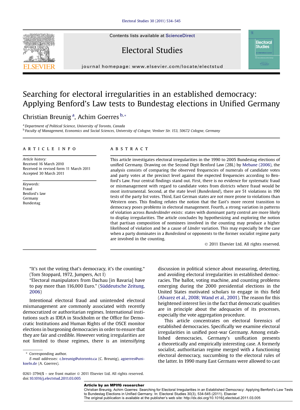 Searching for Electoral Irregularities in an Established Democracy: Applying Benford’S Law Tests to Bundestag Elections in Uniﬁed Germany