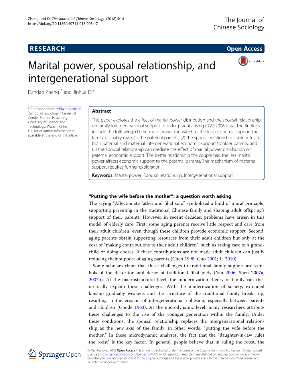 Marital Power, Spousal Relationship, and Intergenerational Support Dandan Zheng1* and Jinhua Di2