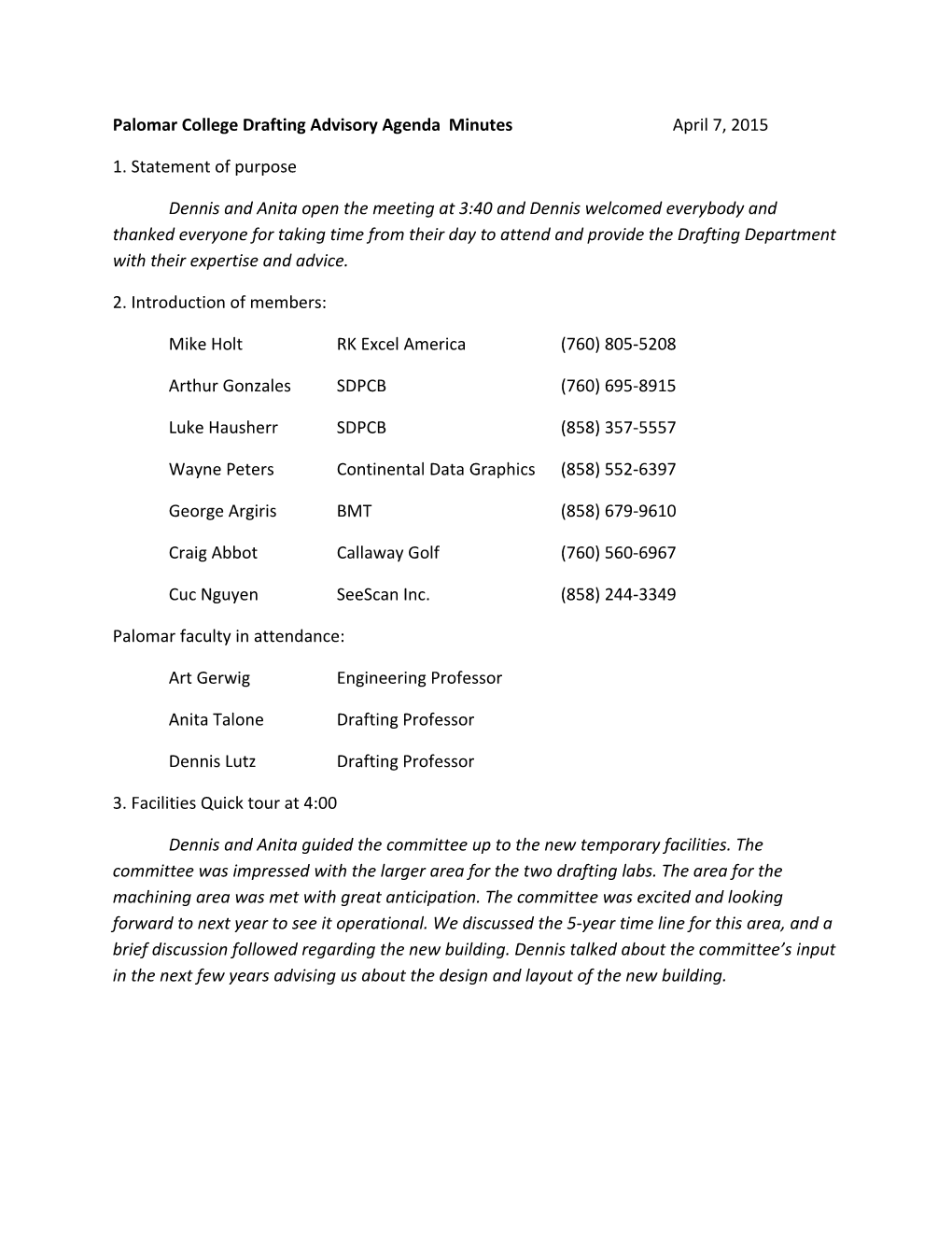 Palomar College Drafting Advisory Agenda Minutes April 7, 2015