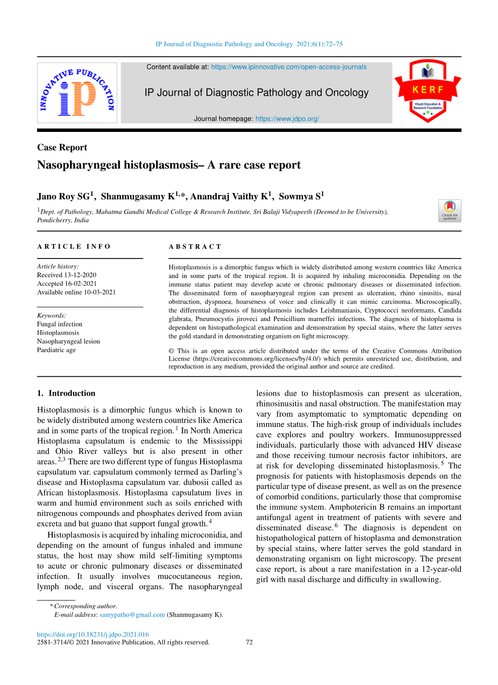 Nasopharyngeal Histoplasmosis– a Rare Case Report