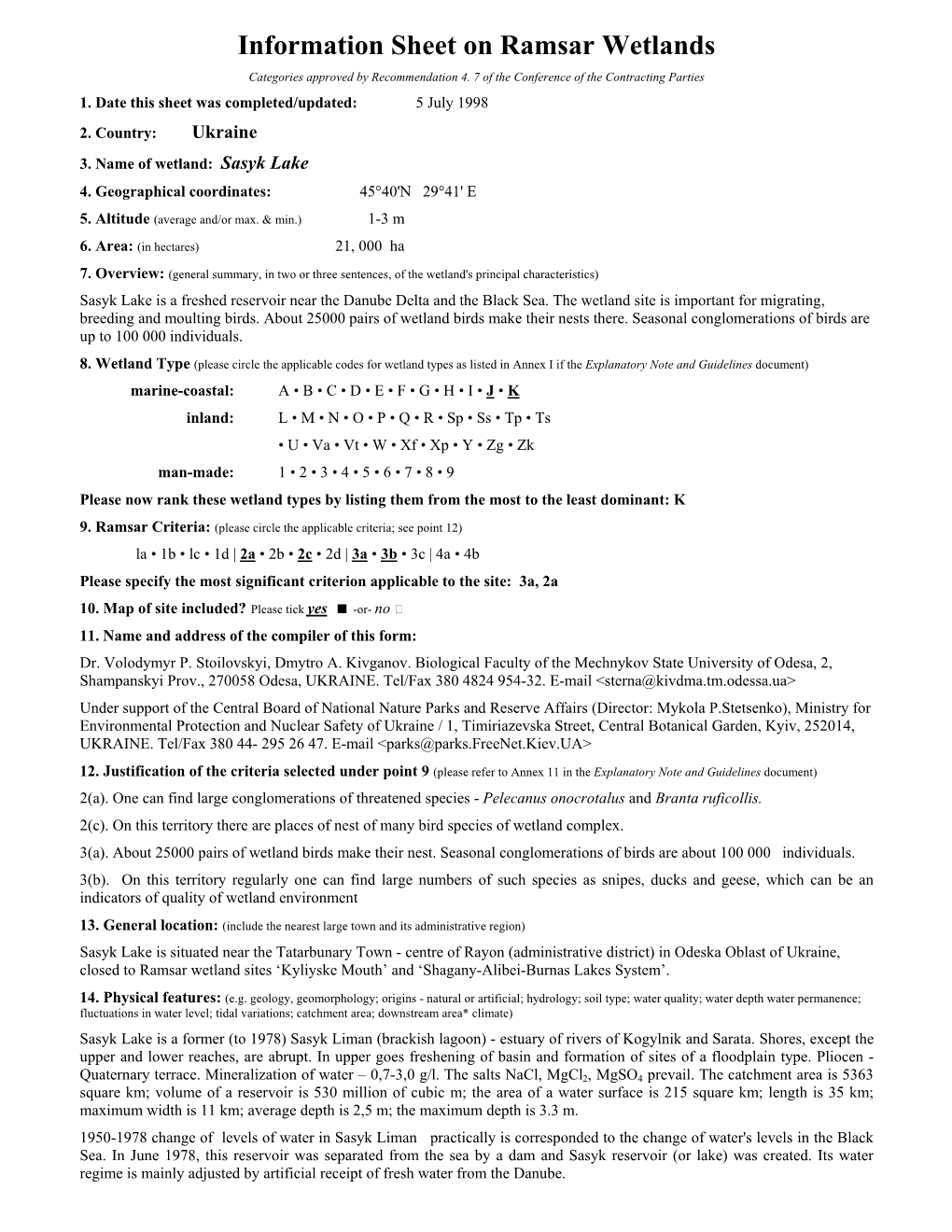 Information Sheet on Ramsar Wetlands Categories Approved by Recommendation 4