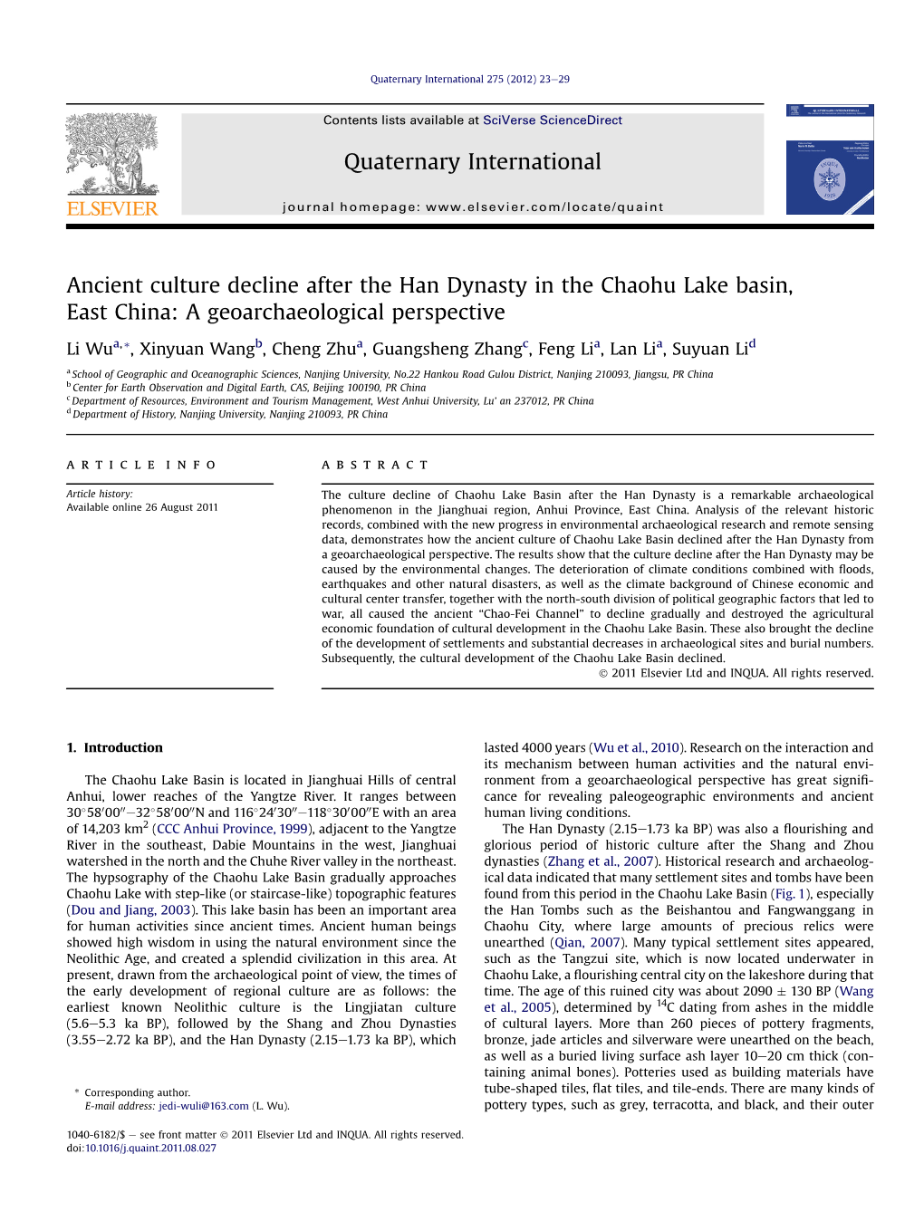 Ancient Culture Decline After the Han Dynasty in the Chaohu Lake Basin, East China: a Geoarchaeological Perspective