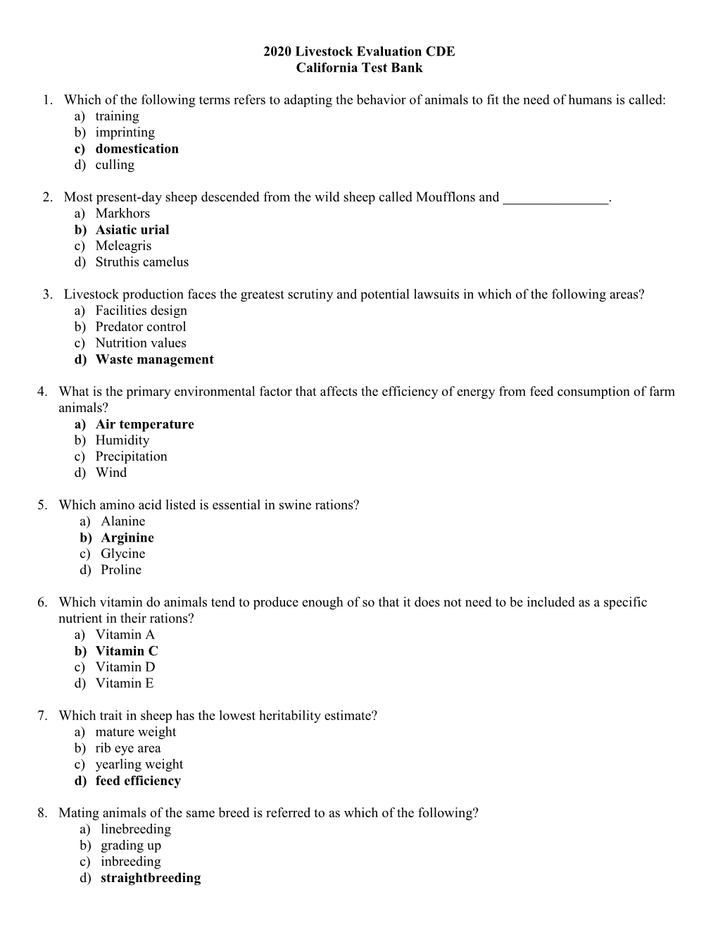 2020 Livestock Evaluation CDE California Test Bank 1. Which of The