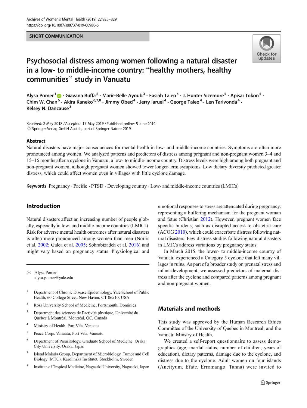 Psychosocial Distress Among Women Following a Natural Disaster in a Low- to Middle-Income Country: Bhealthy Mothers, Healthy Communities^ Study in Vanuatu