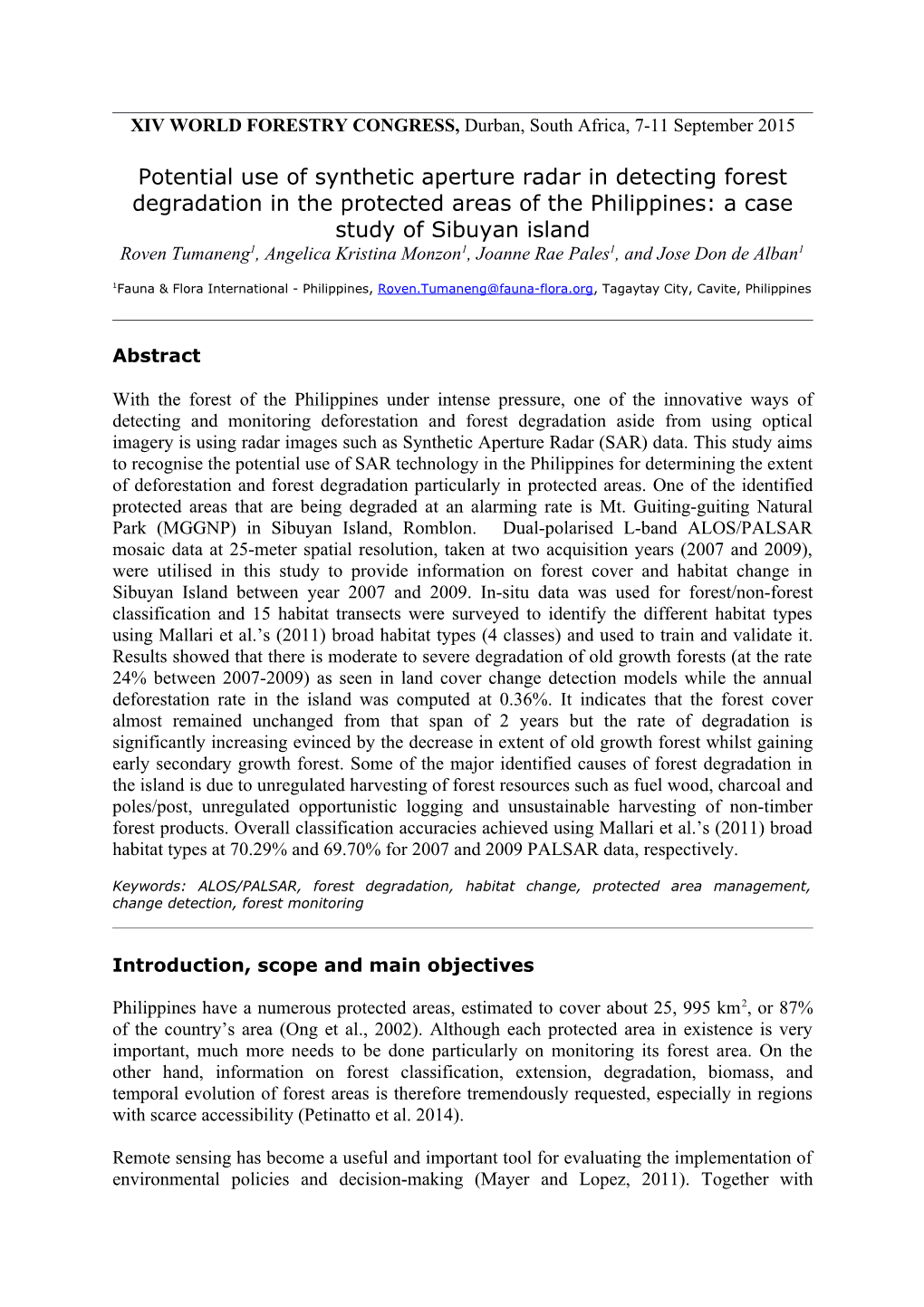 Potential Use of Synthetic Aperture Radar in Detecting Forest Degradation in the Protected Areas of the Philippines: a Case Stud