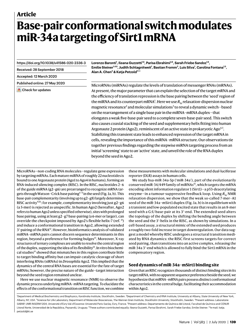 Base-Pair Conformational Switch Modulates Mir-34A Targeting of Sirt1 Mrna