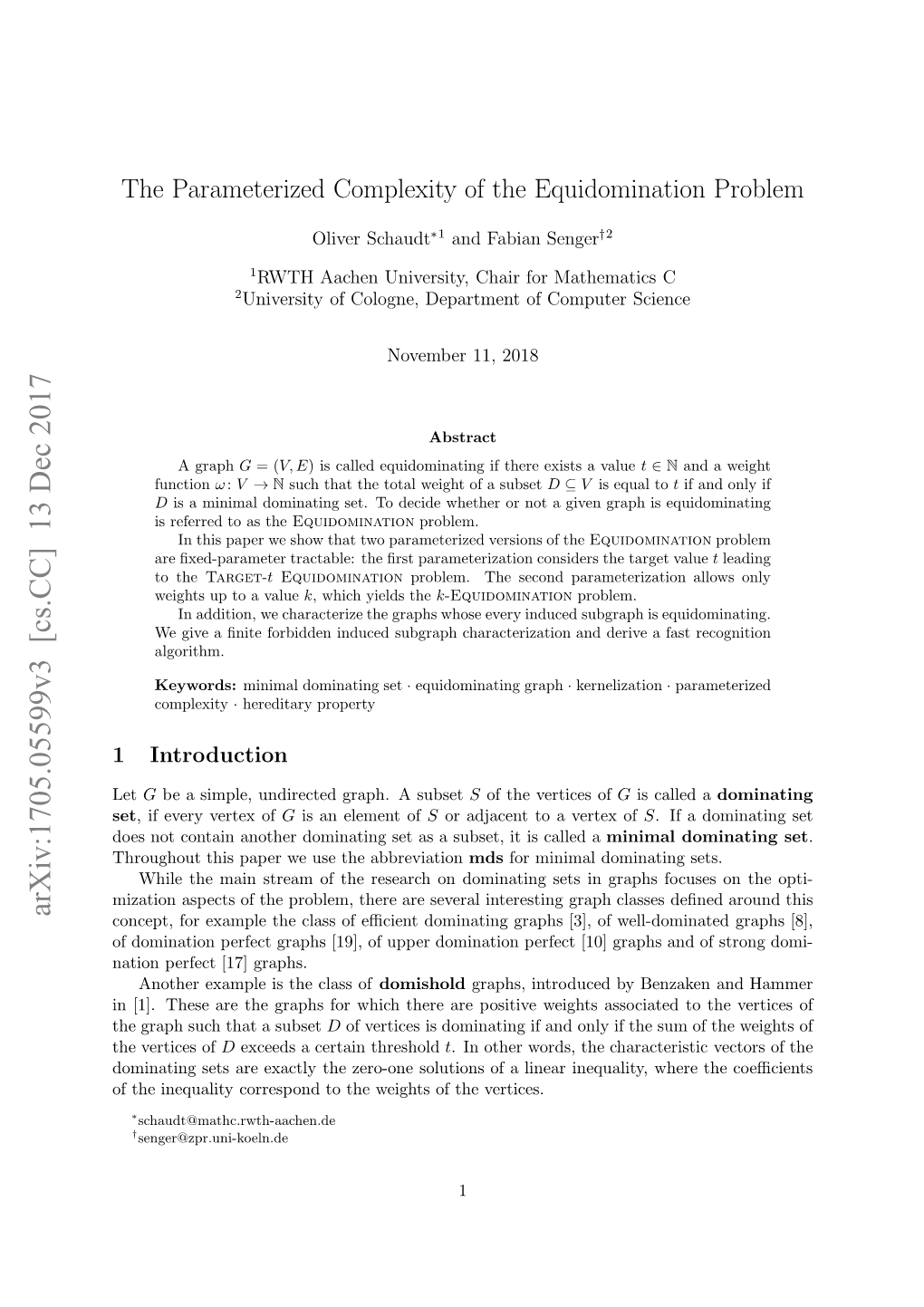 The Parameterized Complexity of the Equidomination Problem