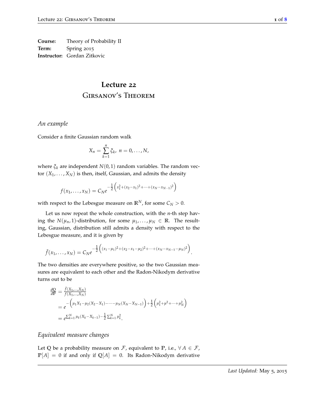 Lecture 22 Girsanov's Theorem