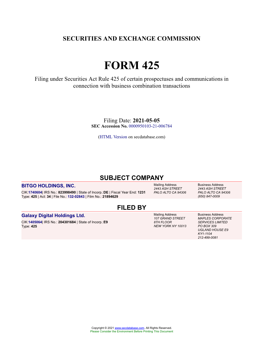 BITGO HOLDINGS, INC. Form 425 Filed 2021-05-05