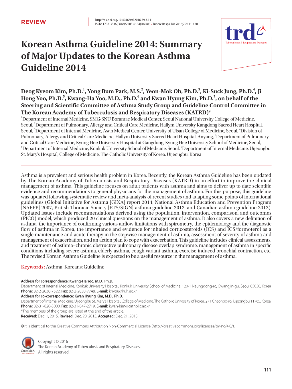 Korean Asthma Guideline 2014: Summary of Major Updates to the Korean Asthma Guideline 2014