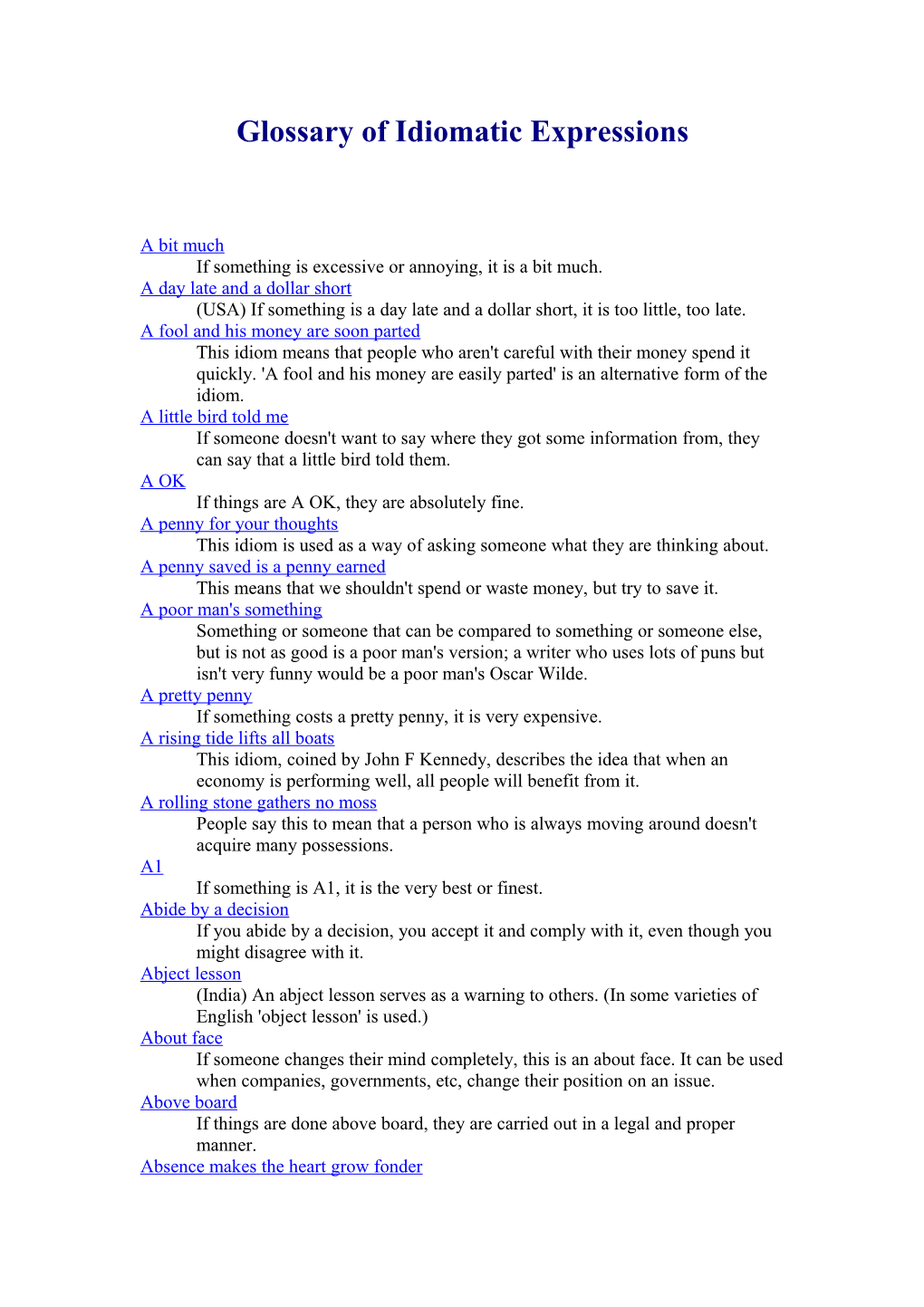 Glossary of Idiomatic Expressions