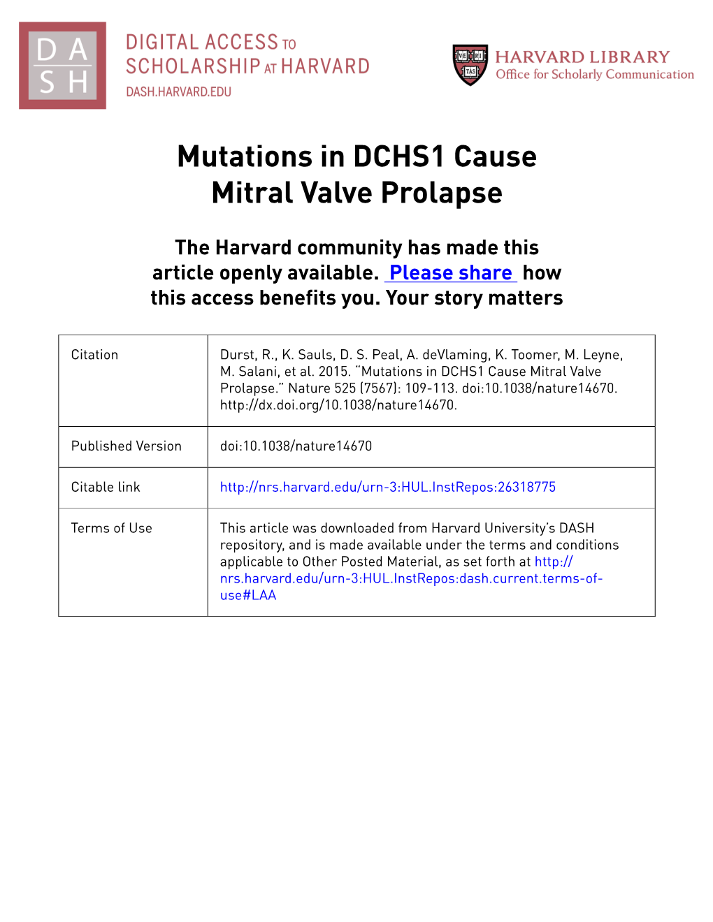 Mutations in DCHS1 Cause Mitral Valve Prolapse
