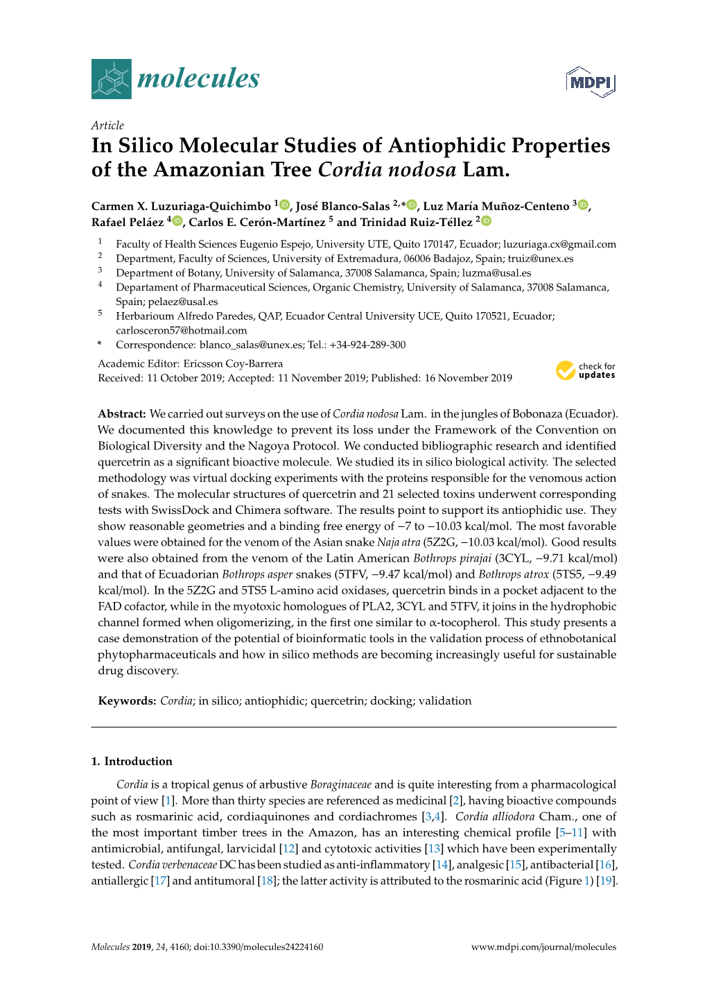 In Silico Molecular Studies of Antiophidic Properties of the Amazonian Tree Cordia Nodosa Lam