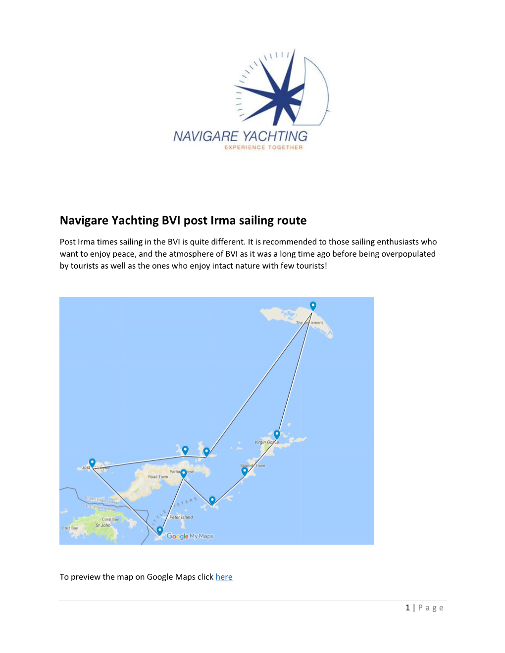 Navigare Yachting BVI Post Irma Sailing Route