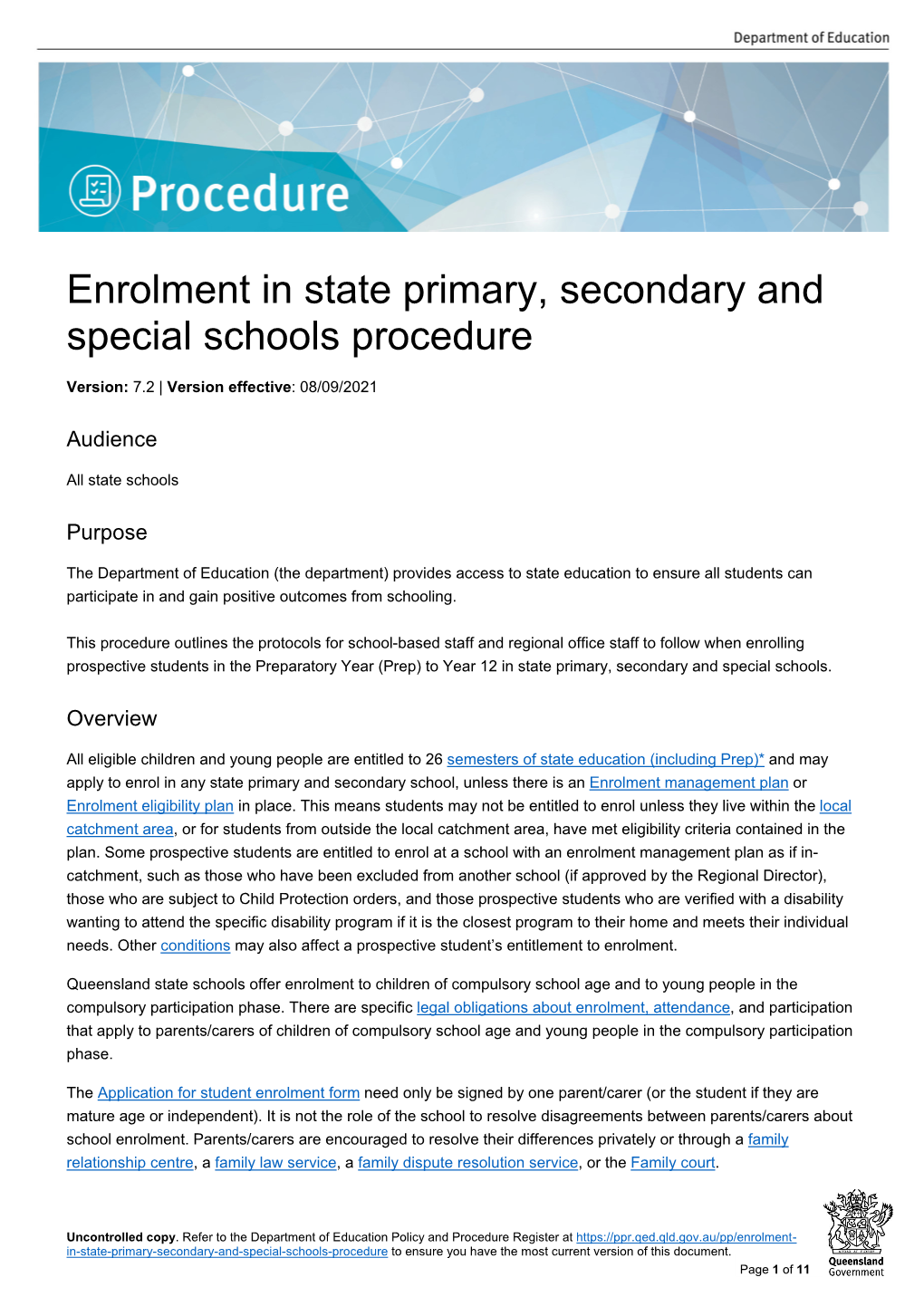 Enrolment in State Primary, Secondary and Special Schools Procedure