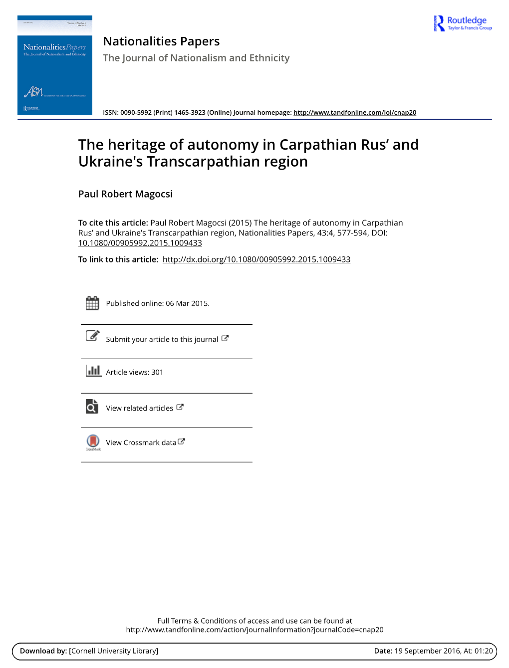 The Heritage of Autonomy in Carpathian Rus' and Ukraine's