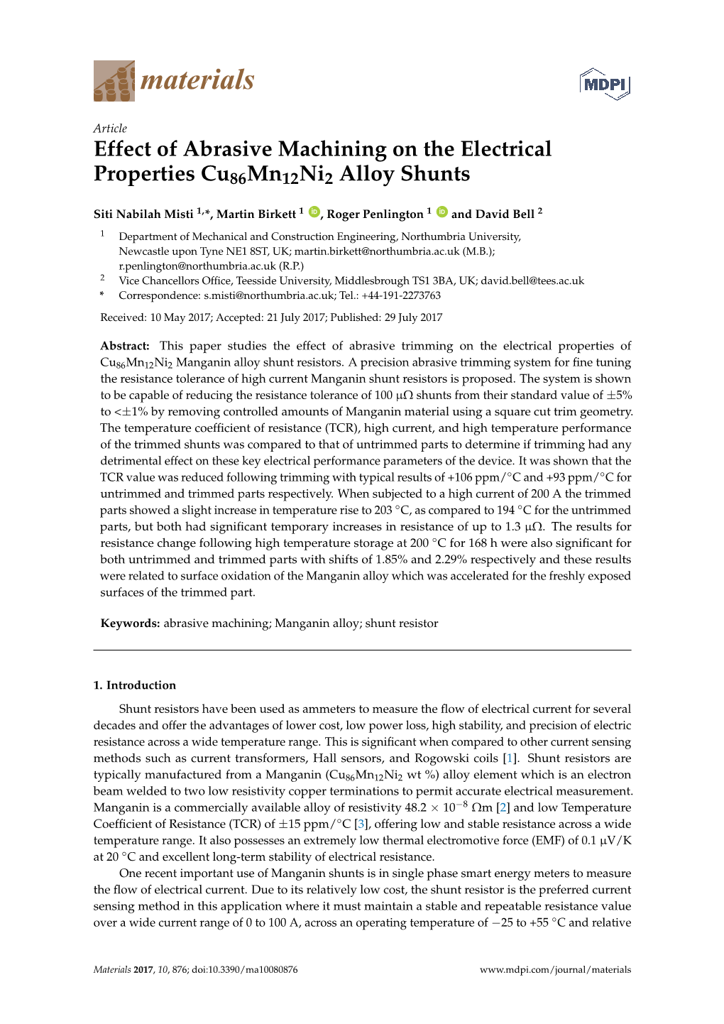 Effect of Abrasive Machining on the Electrical Properties Cu86mn12ni2 Alloy Shunts