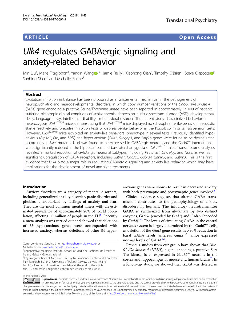 Ulk4 Regulates Gabaergic Signaling and Anxiety-Related Behavior
