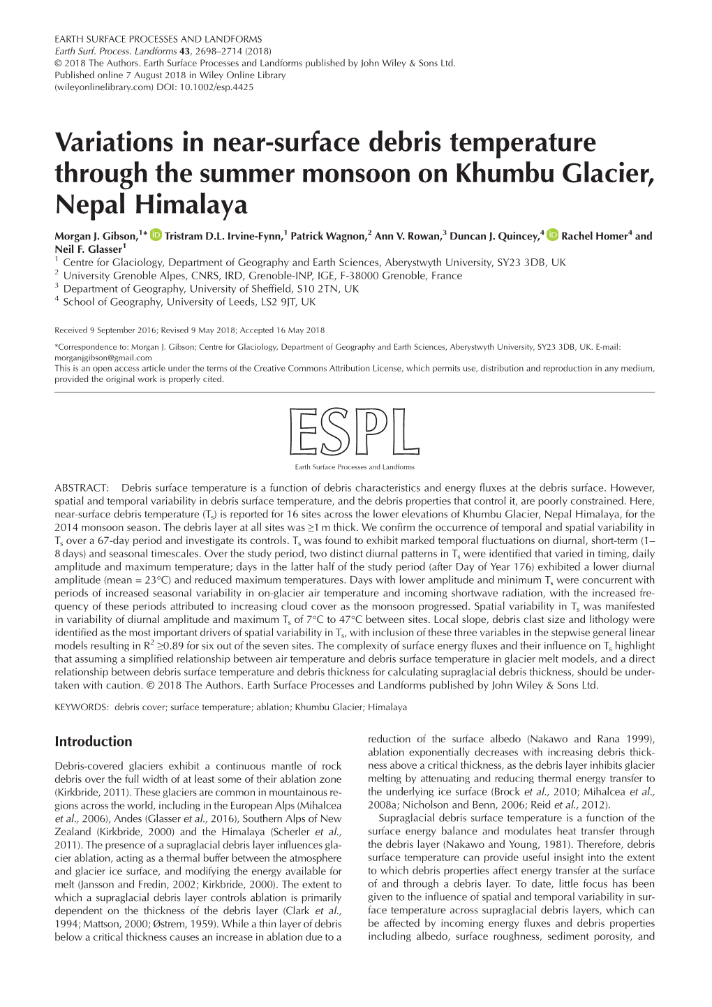 Variations in Near-Surface Debris Temperature Through the Summer Monsoon on Khumbu Glacier, Nepal Himalaya