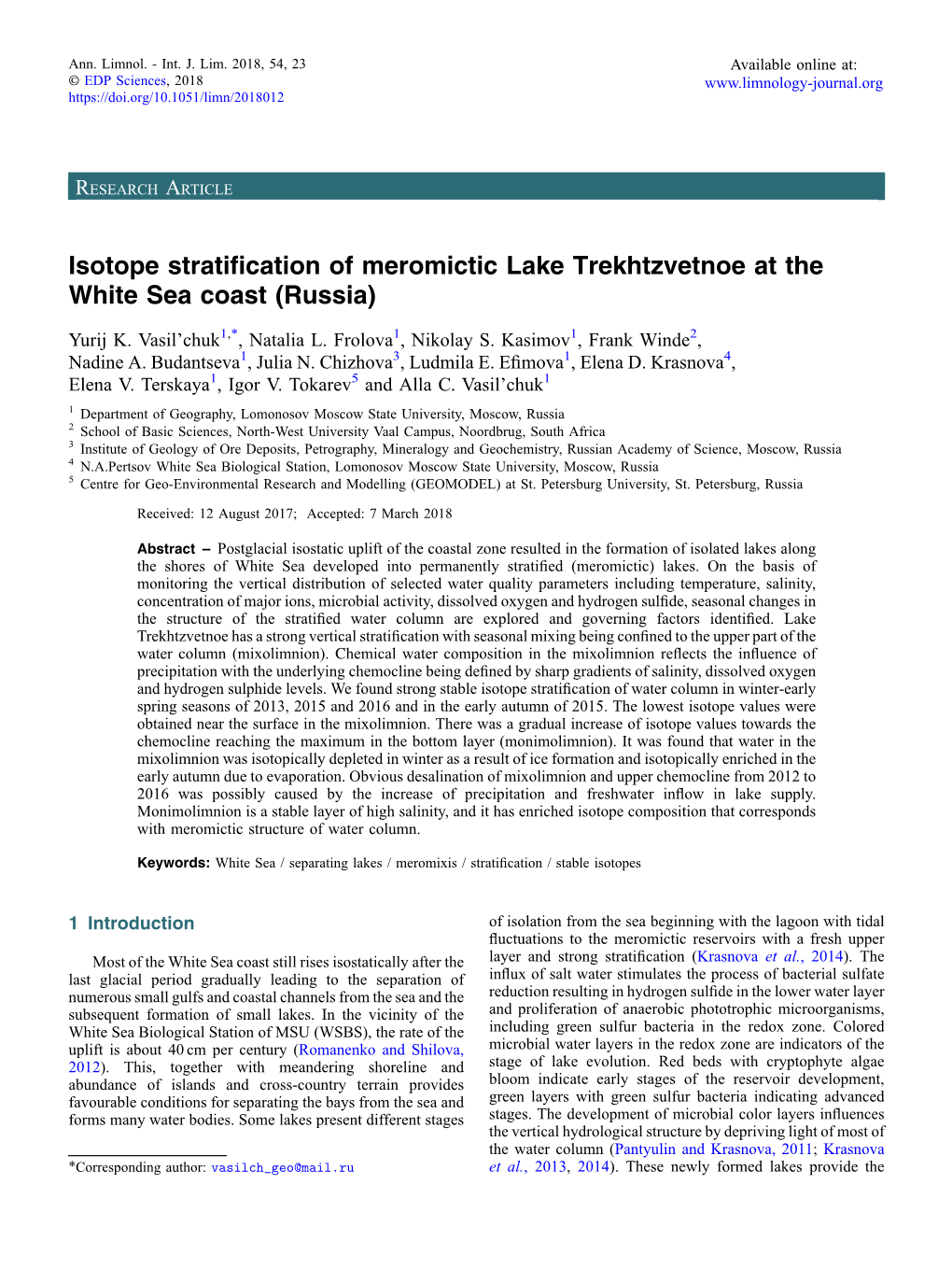 Isotope Stratification of Meromictic Lake Trekhtzvetnoe at the White