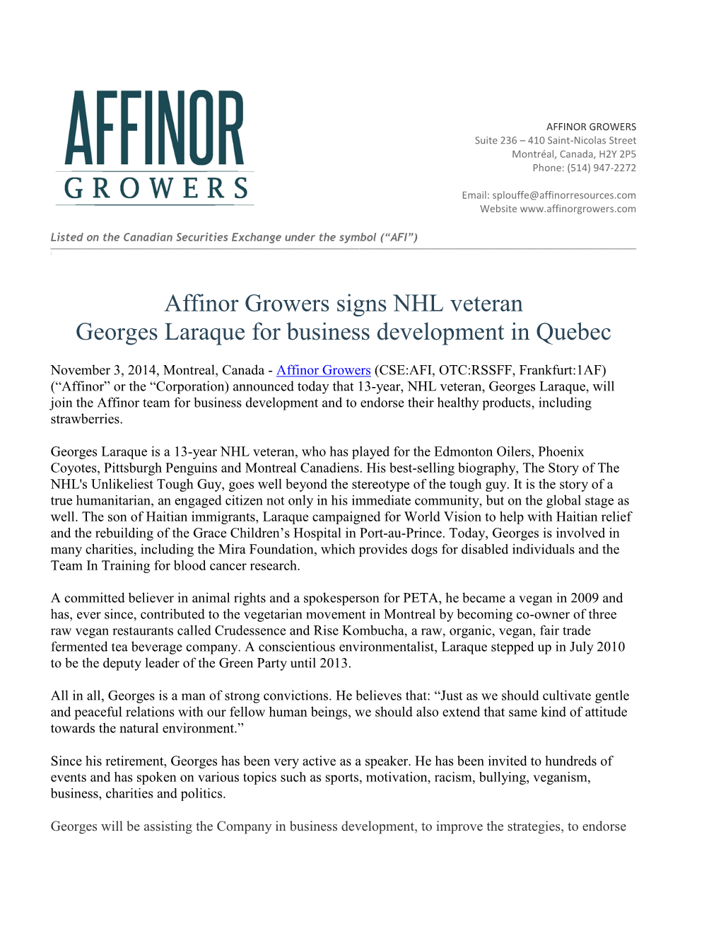 Affinor Growers Signs NHL Veteran Georges Laraque for Business Development in Quebec