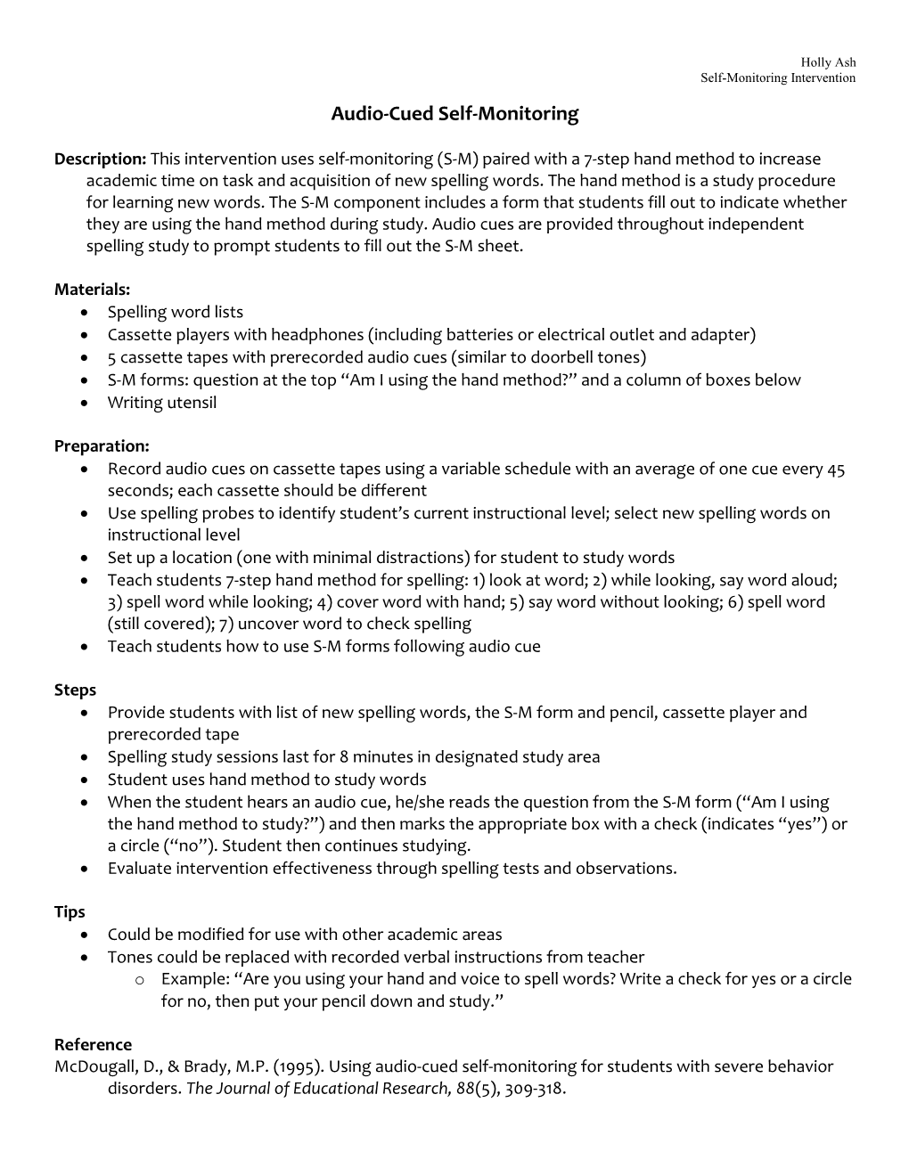 Audio-Cued Self-Monitoring for Students with Severe Behavior Disorders