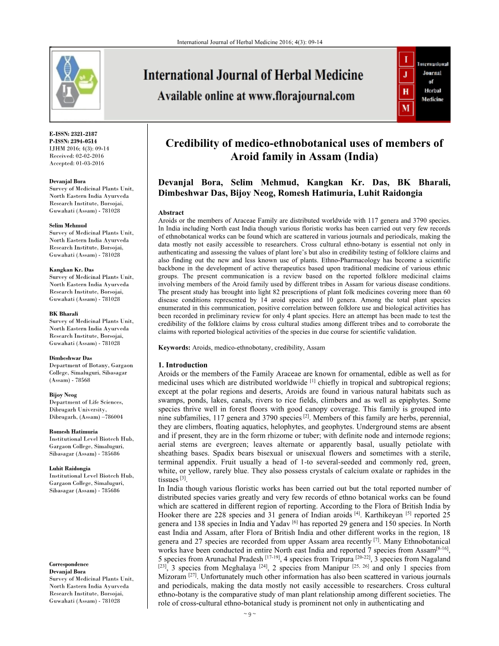 Credibility of Medico-Ethnobotanical Uses of Members of Aroid Family In