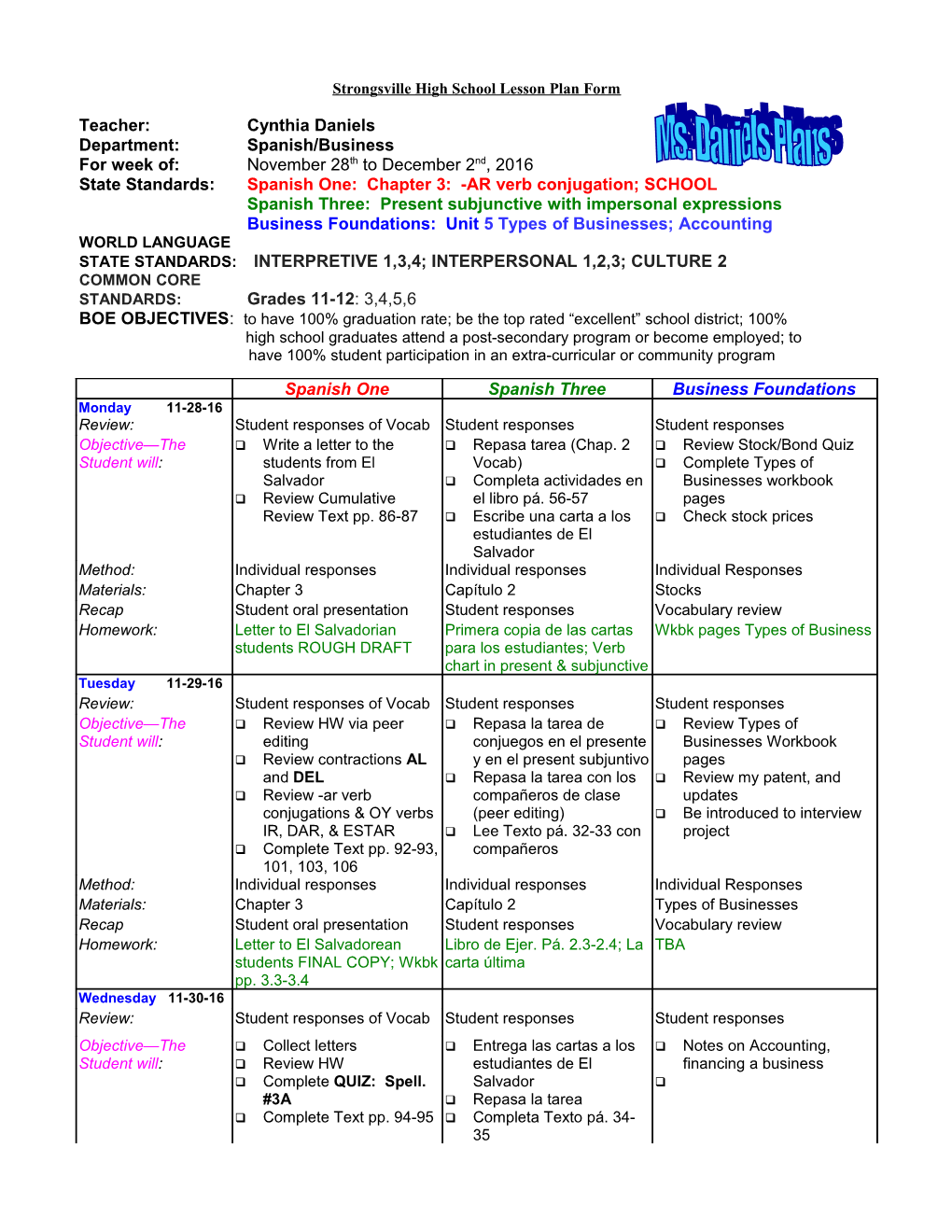 Strongsville High School Lesson Plan Form s1