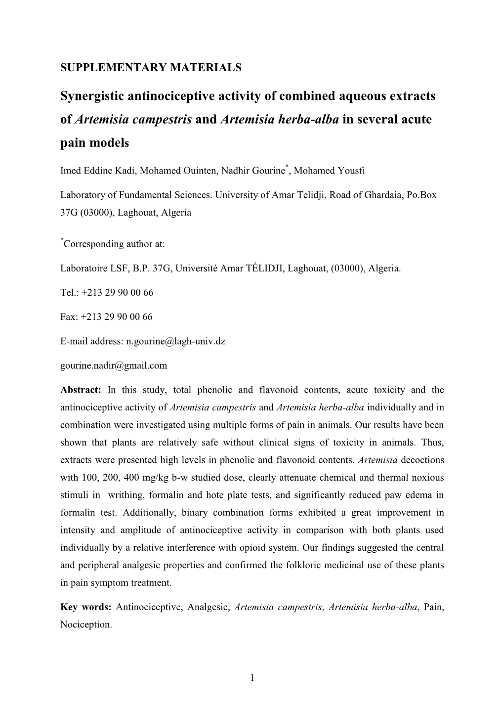 Synergistic Antinociceptive Activity of Combined Aqueous Extracts of Artemisia Campestris and Artemisia Herba-Alba in Several Acute Pain Models