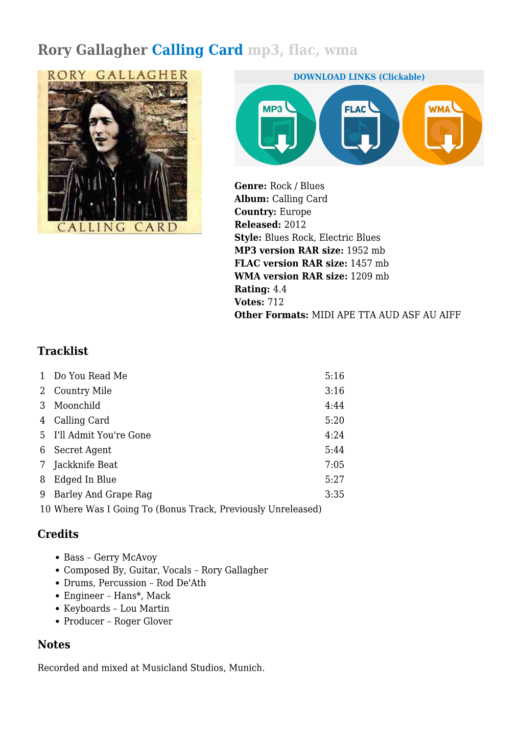 Rory Gallagher Calling Card Mp3, Flac, Wma