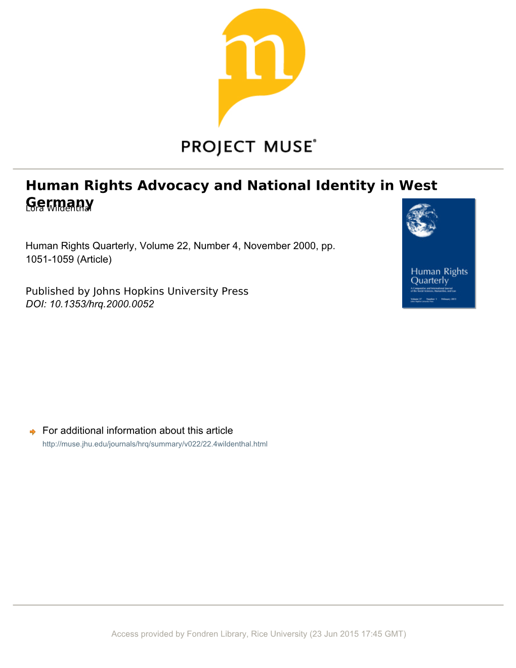 Human Rights Advocacy and National Identity in West Germany