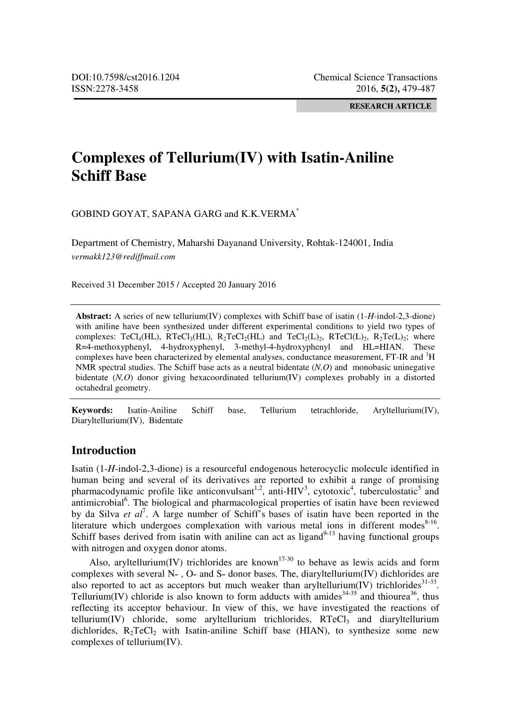 Complexes of Tellurium(IV) with Isatin-Aniline Schiff Base