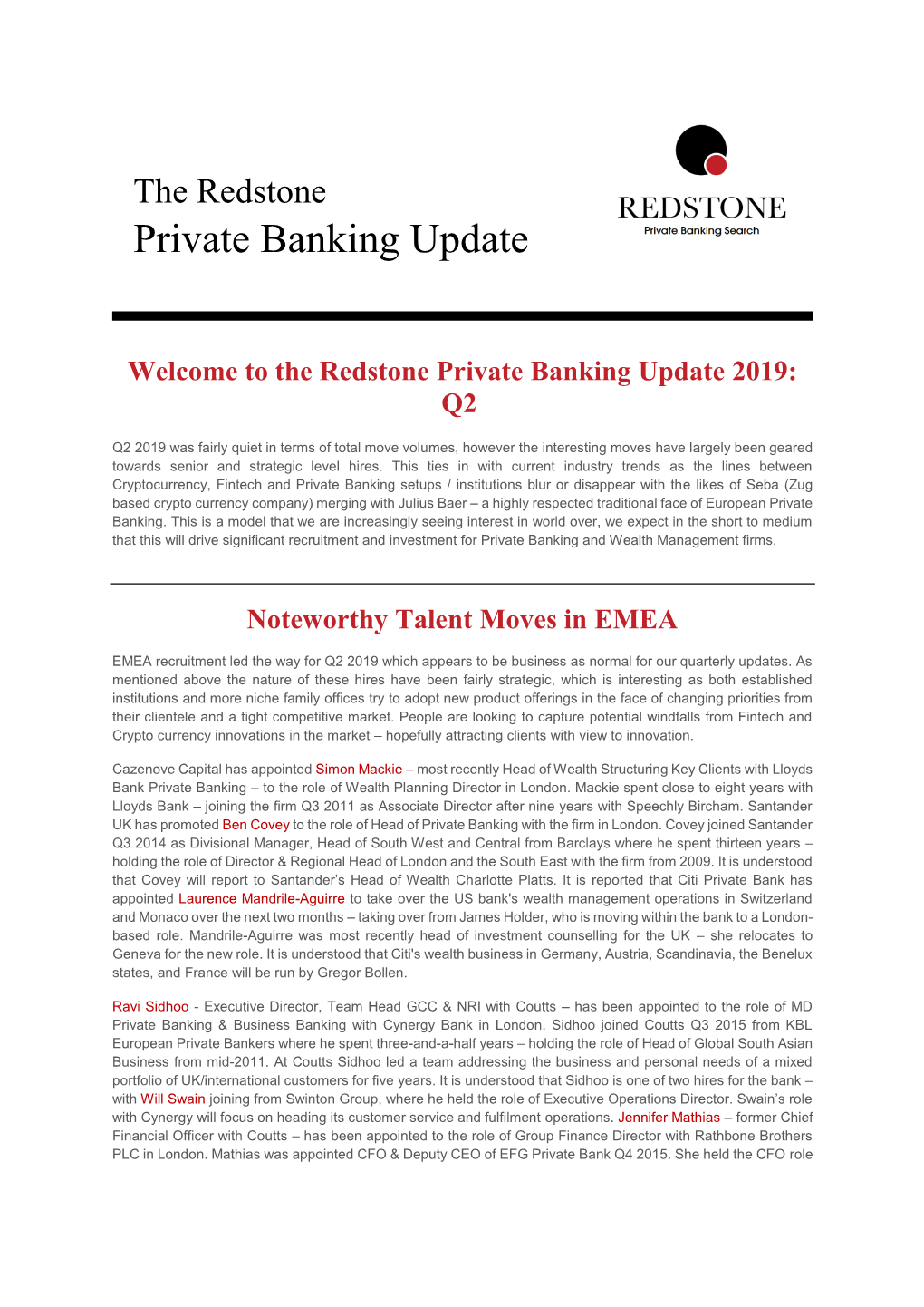 Redstone Private Banking Update Q2 2019