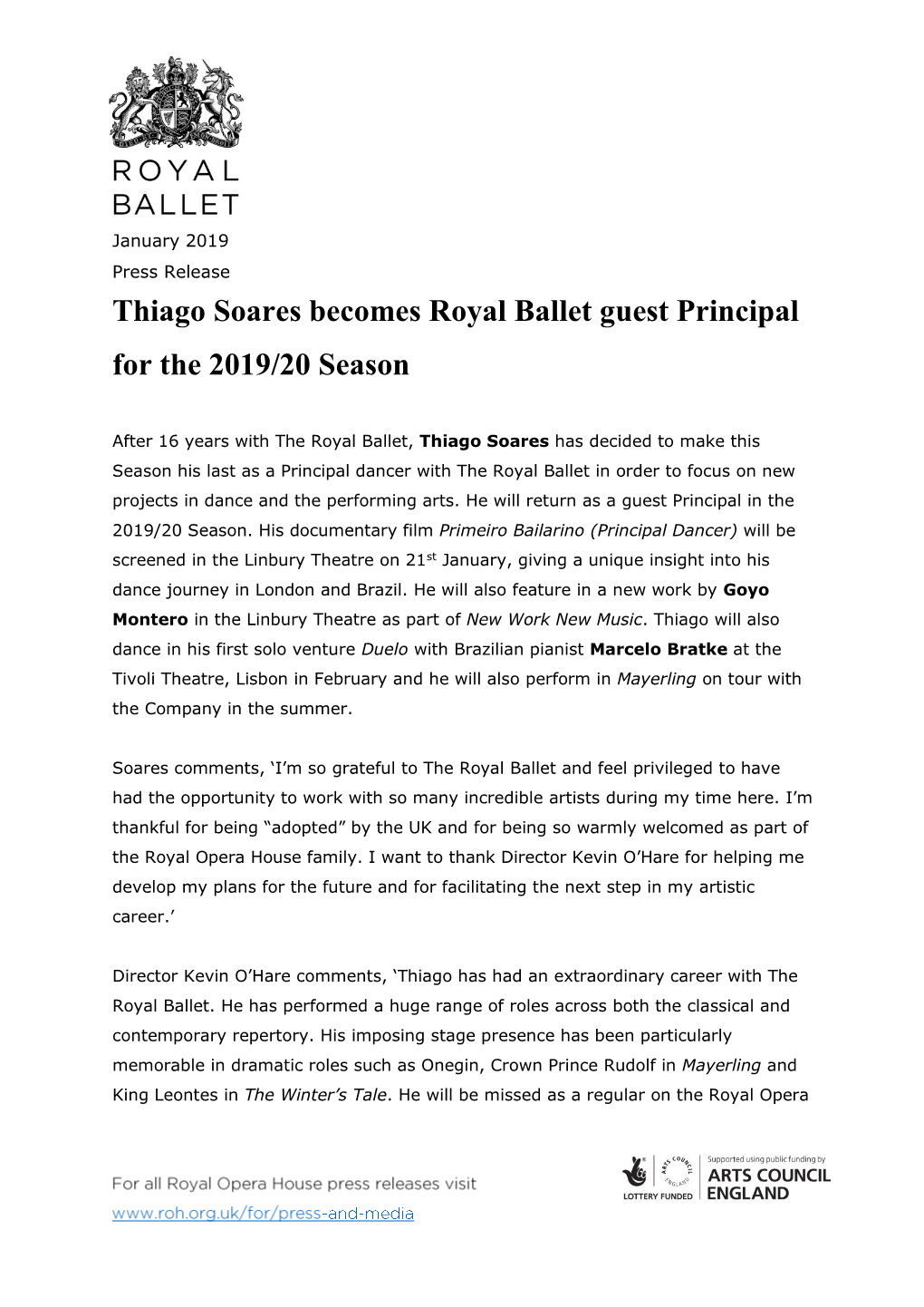 Thiago Soares Retires from the Royal Ballet