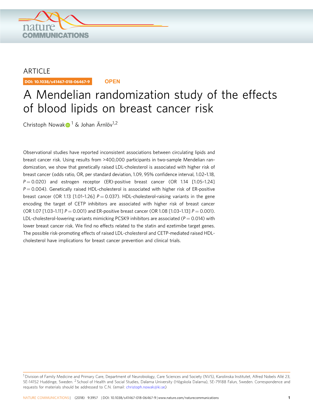 A Mendelian Randomization Study of the Effects of Blood Lipids on Breast Cancer Risk