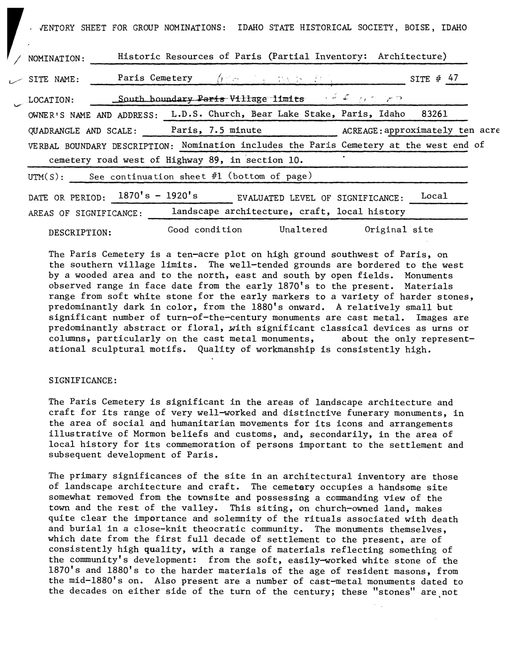 • /ENTORY SHEET for GROUP NOMINATIONS: IDAHO STATE HISTORICAL SOCIETY, BOISE, IDAHO / NOMINATION: ___Historic Resources of Pa