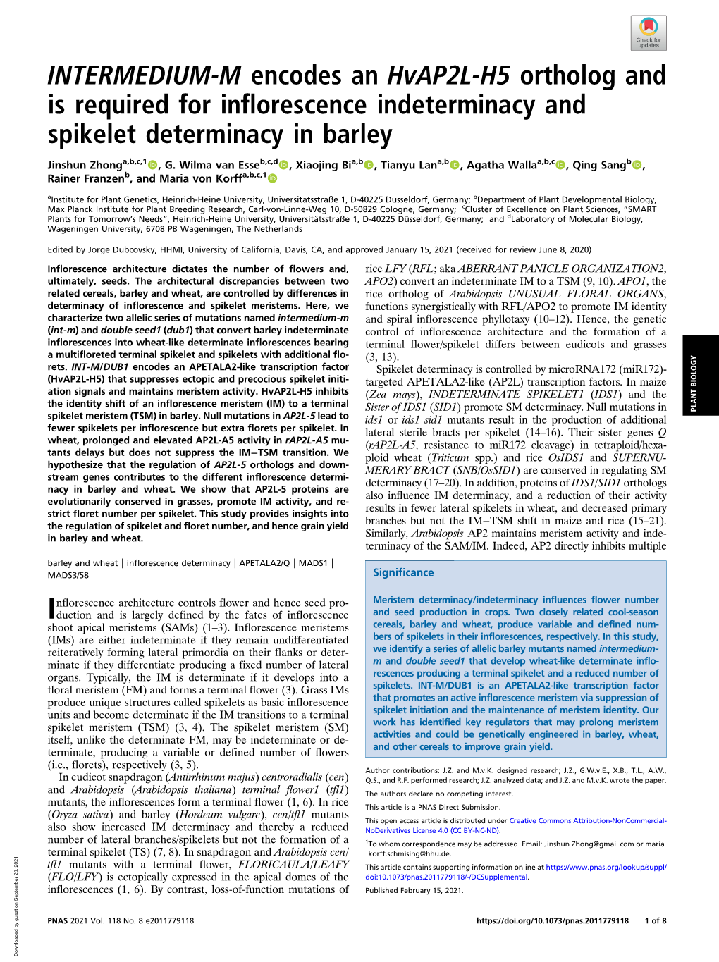 INTERMEDIUM-M Encodes an Hvap2l-H5 Ortholog and Is Required for Inflorescence Indeterminacy and Spikelet Determinacy in Barley