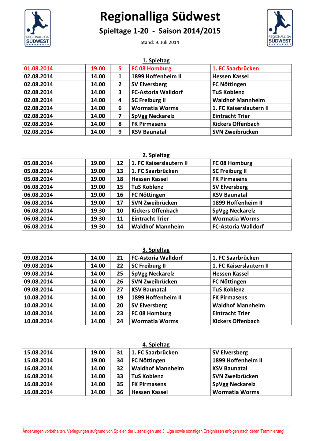 RLSW 14-15 Spieltage 1-20 Stand 08.07.14