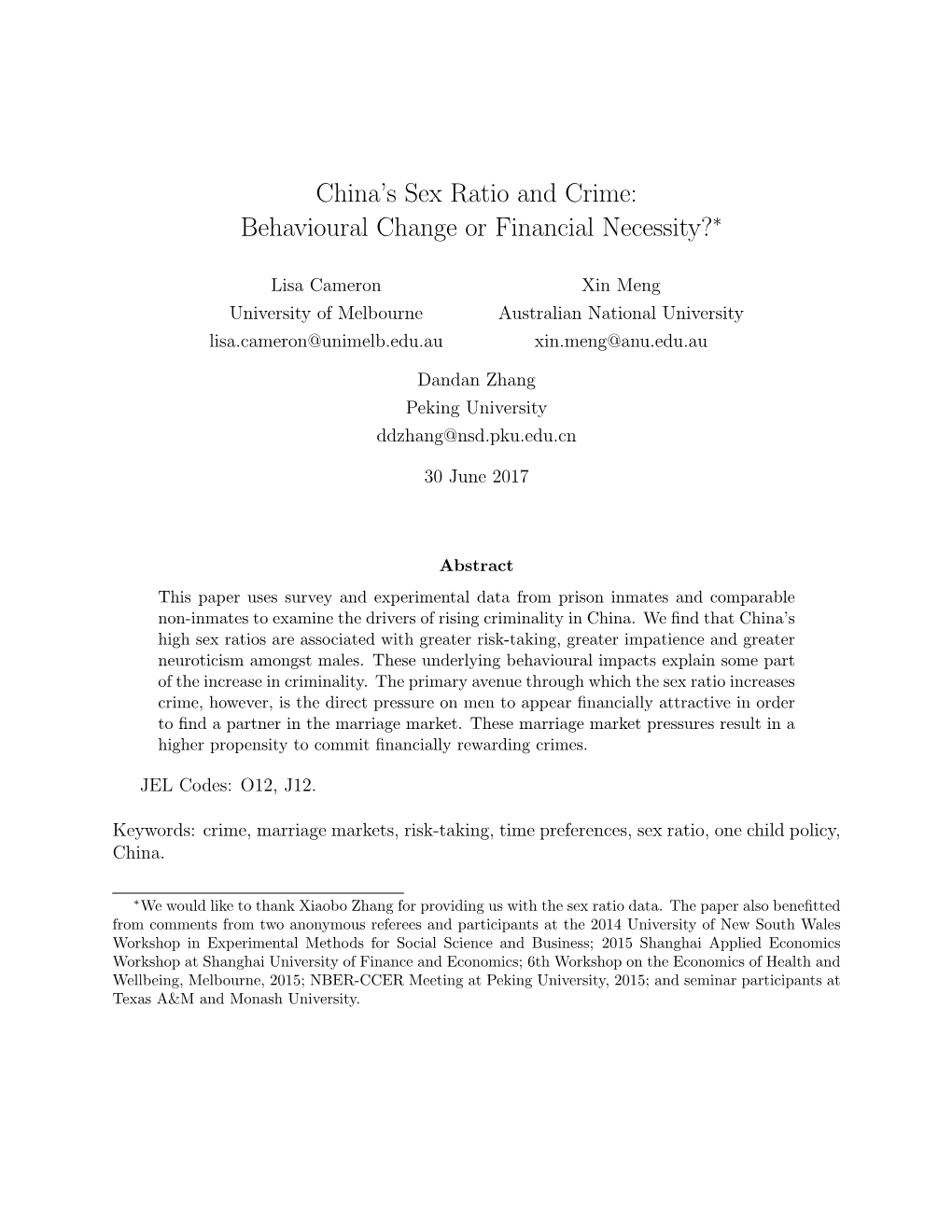 China's Sex Ratio and Crime: Behavioural Change Or Financial