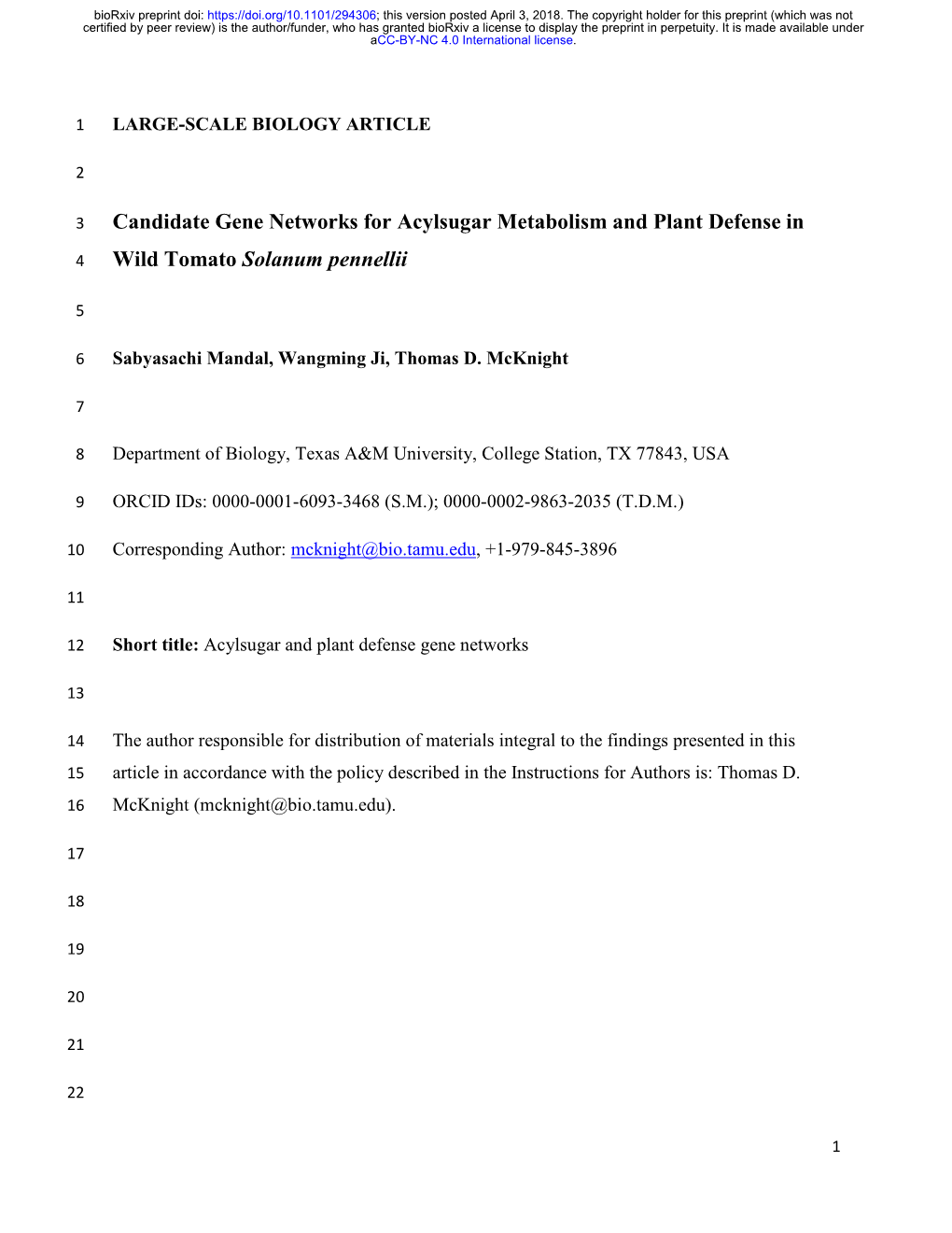 Candidate Gene Networks for Acylsugar Metabolism and Plant Defense In