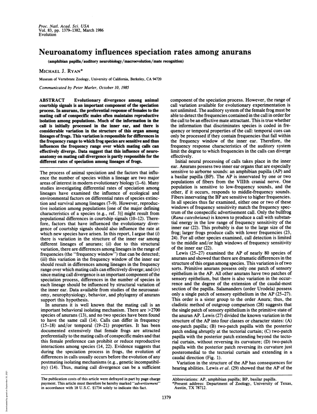 Neuroanatomy Influences Speciation Rates Among Anurans (Amphibian Papilia/Auditory Neurobiology/Macroevolution/Mate Recognition) MICHAEL J