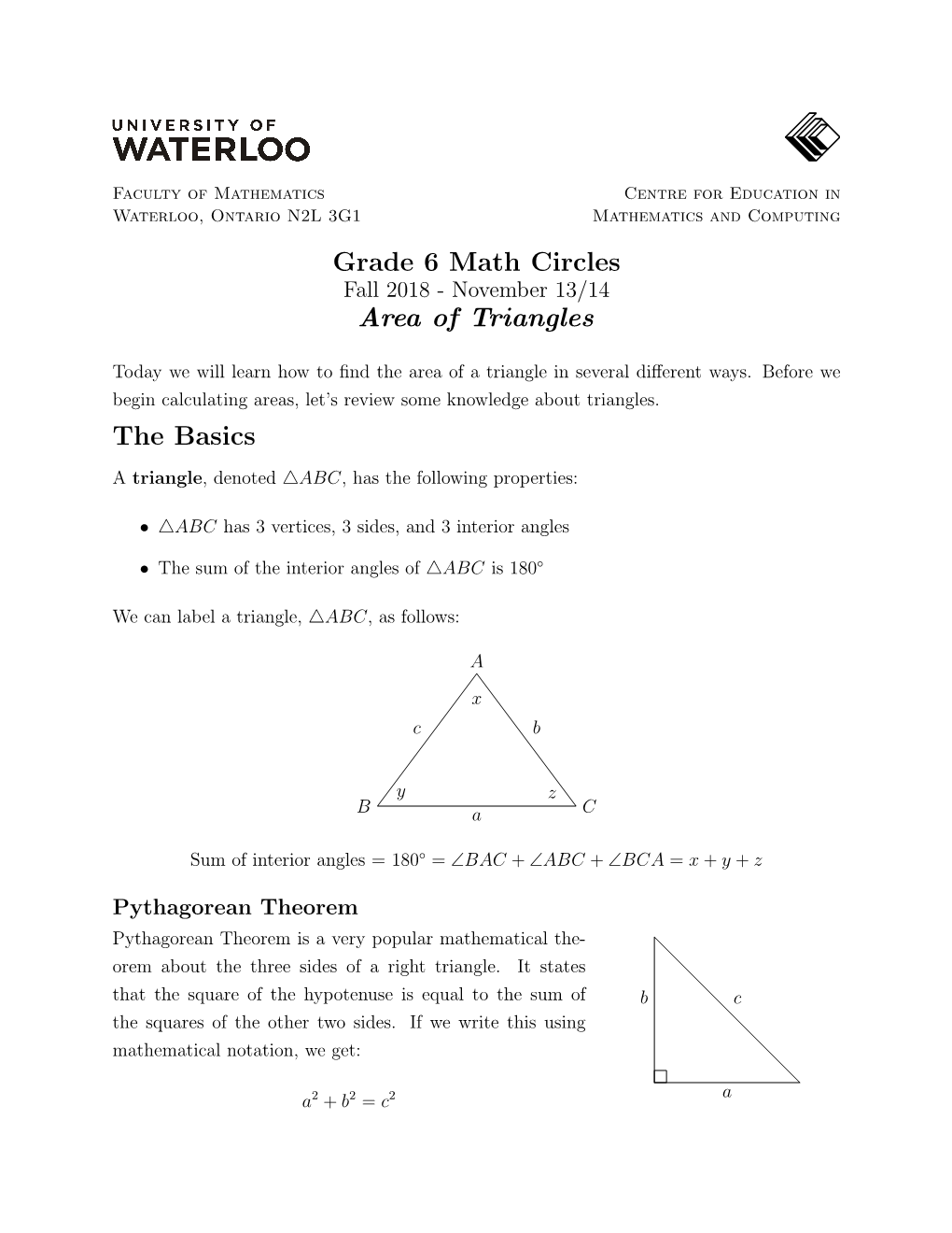 Grade 6 Math Circles Area of Triangles the Basics