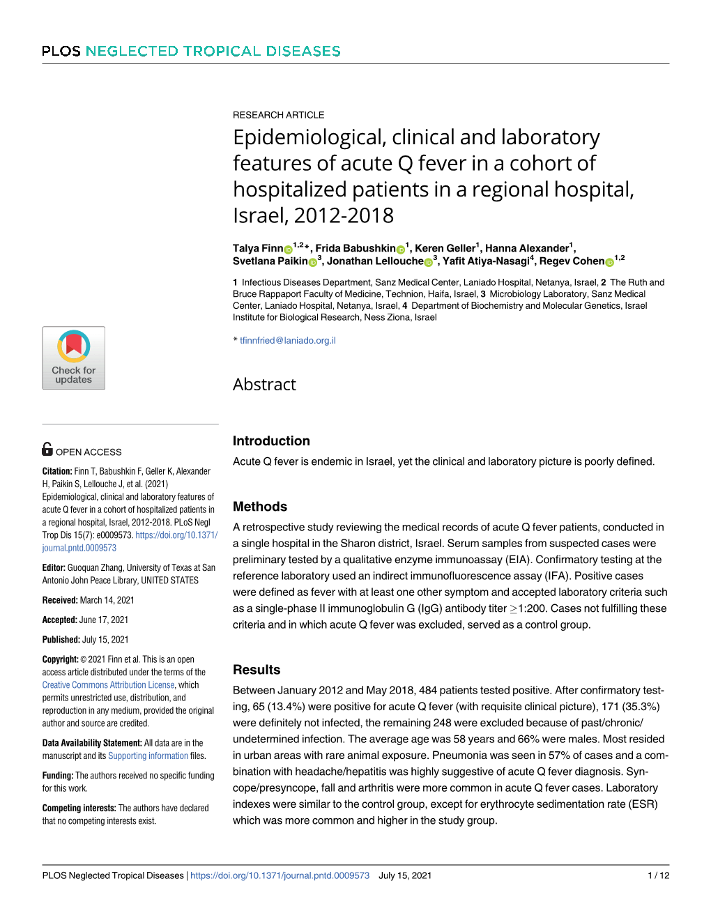 Epidemiological, Clinical and Laboratory Features of Acute Q Fever in a Cohort of Hospitalized Patients in a Regional Hospital, Israel, 2012-2018